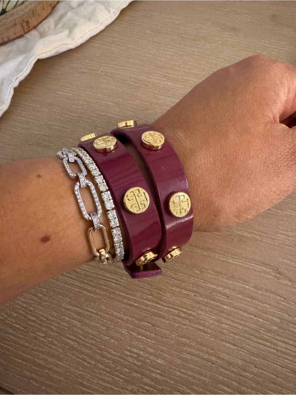 Tory Burch Plum Double Wrap Leather Bracelet with Gold Logos